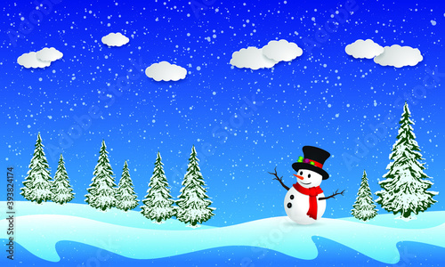 Christmas greeting card with snowman And the snow-covered pine in winter For posters, banners, brochures, invitation cards.-Vector illustration.