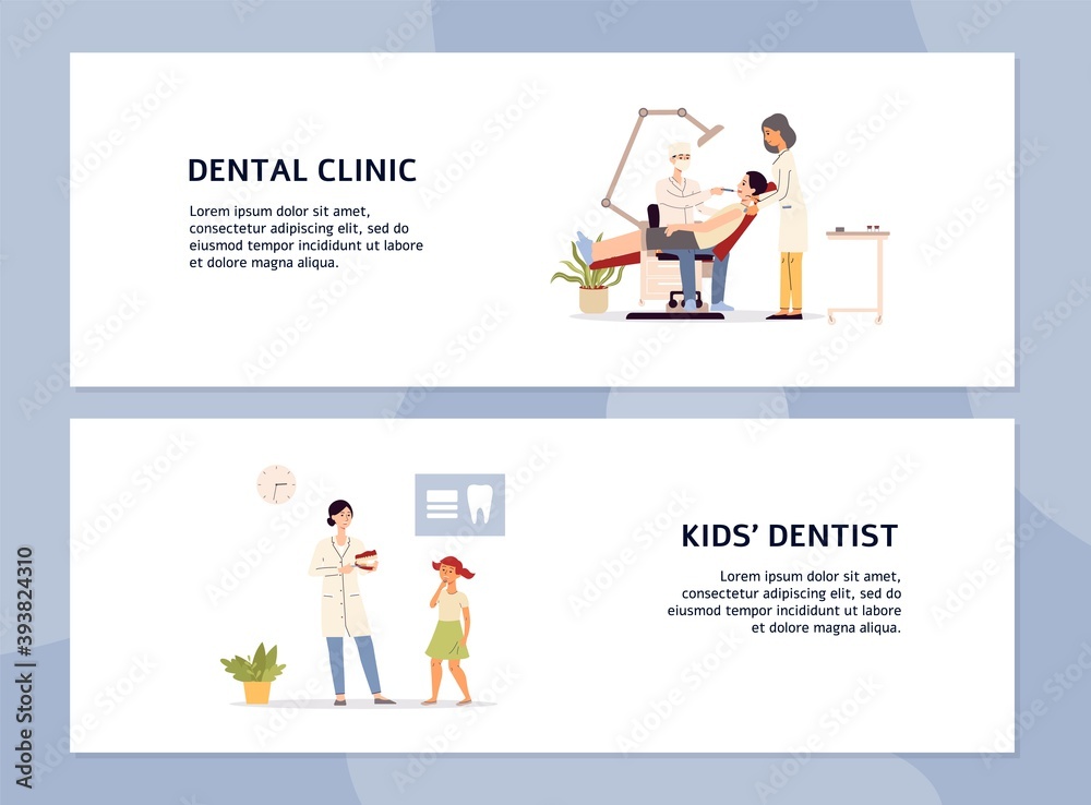 Dental clinic for adults and children banners flyers set, vector illustration.