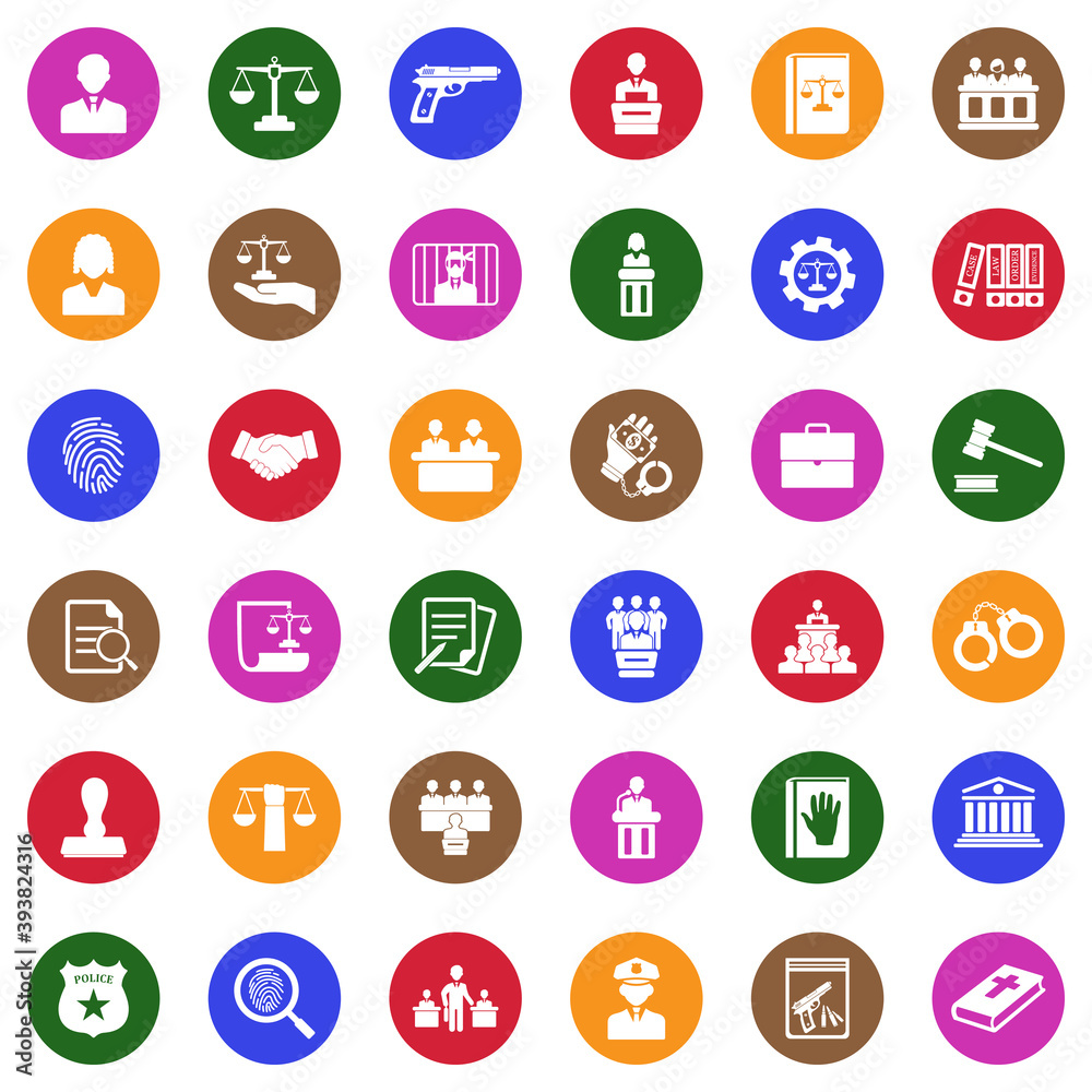 Law Icons. White Flat Design In Circle. Vector Illustration. Law Icons. White Flat Design In Circle. Vector Illustration.