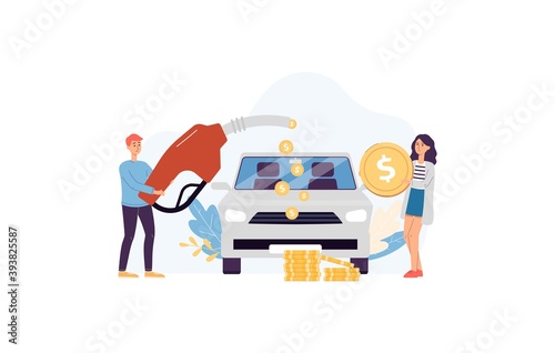 Fuel and money saving banner with couple near car vector illustration isolated.