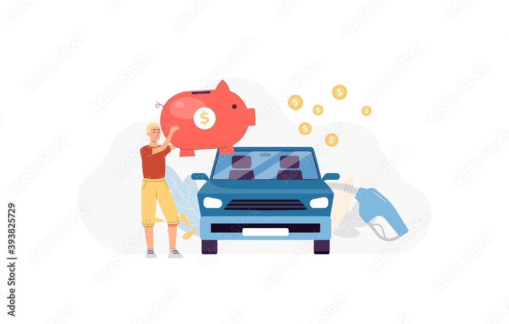 Man pay of car refueling by petrol from piggy bank a vector isolated illustration