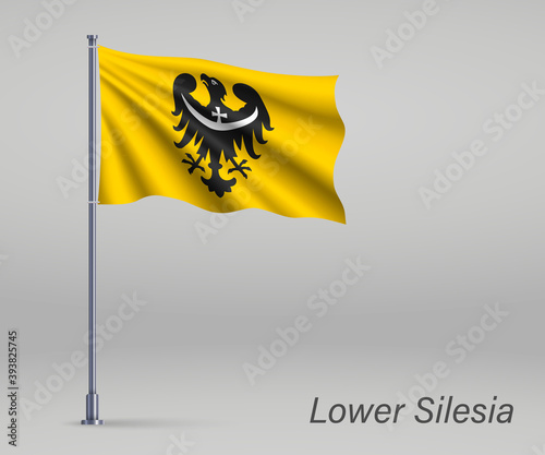 Waving flag of Lower Silesia Voivodeship - province of Poland on flagpole. Template for independence day poster design