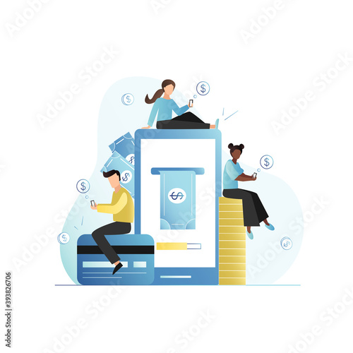People with money, credit, debit card, cash, coins. Contactless online payment in smartphone on Internet. Men and women with banking application, finance website. Successful transaction.
