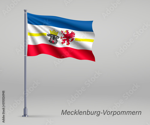 Free Download Waving flag of Mecklenburg-Vorpommern - state of Germany on flagpole. Template for independence day poster design - GFXLoad