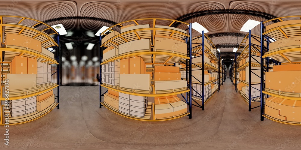 Warehouse with cardboard boxes inside on pallets racks, logistic center. Loft modern warehouse. Cardboard boxes on a conveyor belt in a warehouse, 3D rendering  vr 360 panorama .
