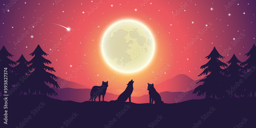 two wolves at purple mountain landscape with full moon and starry sky vector illustration EPS10 - obrazy, fototapety, plakaty 