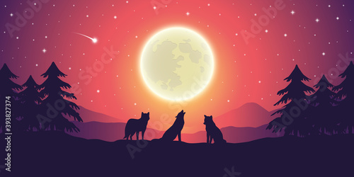 two wolves at purple mountain landscape with full moon and starry sky vector illustration EPS10
