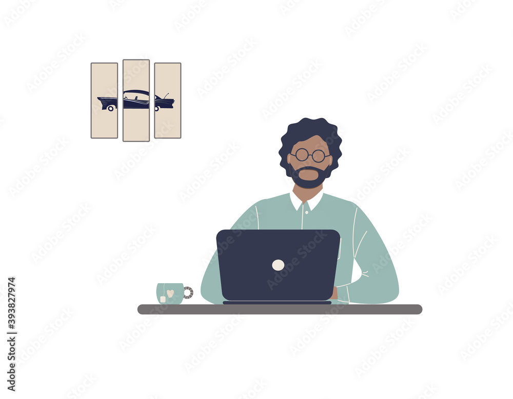 African-american man tutor work on laptop.Remote work, distance E-learning or online training during virus epidemic.Lady trainer or coach conduct webinar or workshop.Raster colourful illustration African-american man tutor work on laptop.Remote work, distance E-learning or online training during virus epidemic.Lady trainer or coach conduct webinar or workshop.Raster colourful illustration