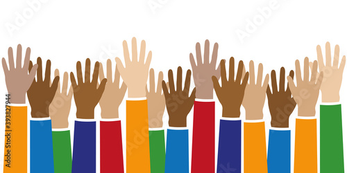 raised hands in different skin colors isolated on white vector illustration EPS10