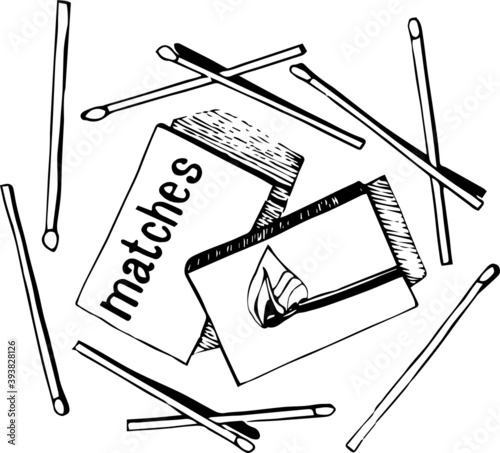 Safety match, open box of matches, scattered matches, gothic match inscription