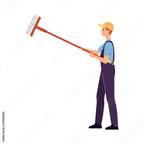 Worker or maintenance service employee with mop, vector illustration isolated.