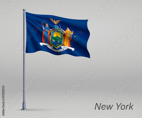 Waving flag of New York - state of United States on flagpole. Template for independence day poster design
