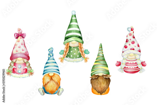 Scandinavian Christmas gnome on an isolated background. Watercolor illustration in cartoon style. photo