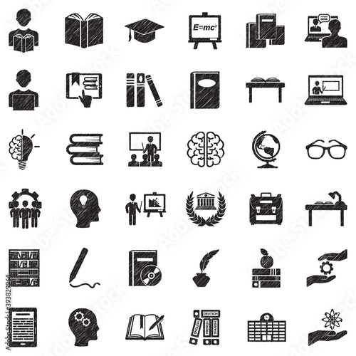 Learning Icons. Black Scribble Design. Vector Illustration.