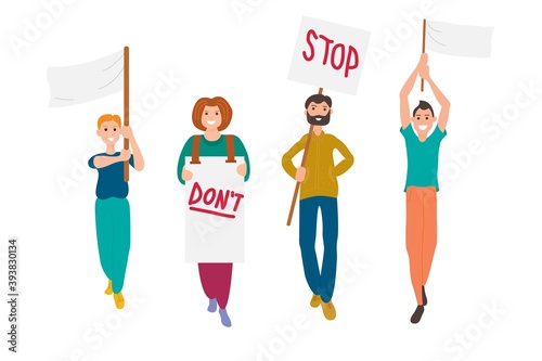 A group of young people participate in a parade, rally or demonstration. Men and women hold each other's hands, and some hold posters in their hands. Flat vector illustration on a white background.