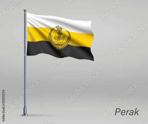 Waving flag of Perak - state of Malaysia on flagpole. Template for independence day poster design