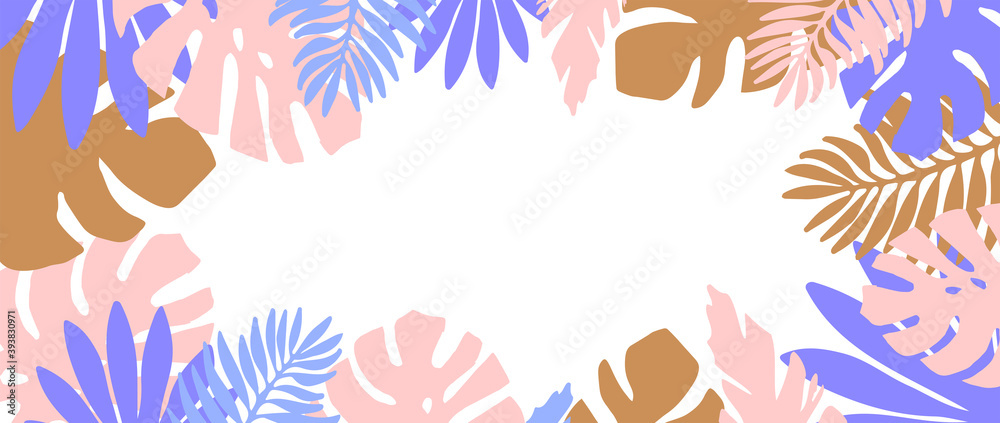 Tropical Horizontal frame, place for your text. Palm, monstera, banana  tree leaves background template. Vector illustration. Concept of the jungle for the design of invitations, greeting cards