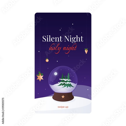 Silent night, holy night social media story template devoted to popular Christmas carol and decorated with holly and snow globe. Christmas celebrations, traditions and cultural heritage.
