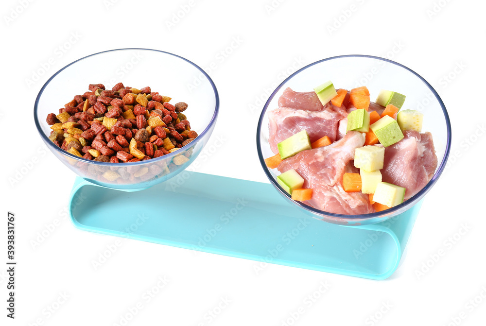 Bowls with dry and fresh pet food on white background Bowls with dry and fresh pet food on white background