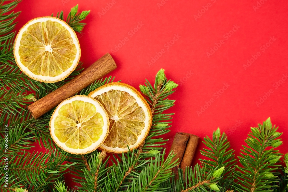 Dry orange slices with christmas tree branches and cinnamon sticks Dry orange slices with christmas tree branches and cinnamon sticks