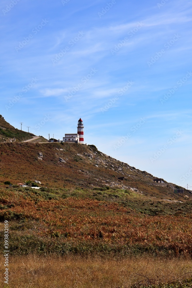 Cabo de Silleiro Lighthouse, Galicia, Pontevedra, Spain. Ocean coast monument and tourist place.