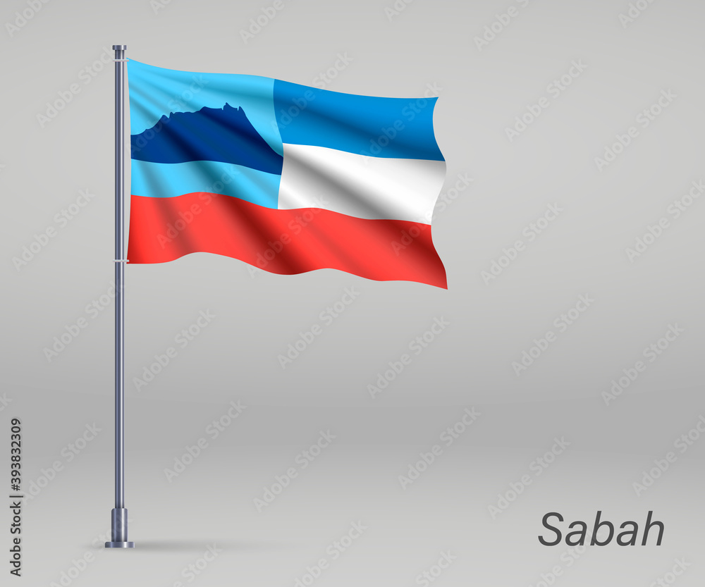 Waving flag of Sabah - state of Malaysia on flagpole. Template for independence day poster design Waving flag of Sabah - state of Malaysia on flagpole. Template for independence day poster design