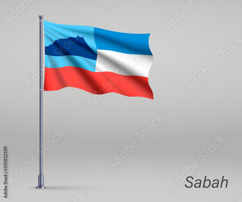 Waving flag of Sabah - state of Malaysia on flagpole. Template for independence day poster design