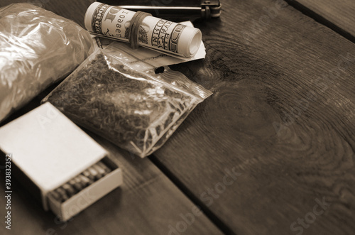 Items for preparing and rolling marijuana cannabis joint. Drugs narcotic concept