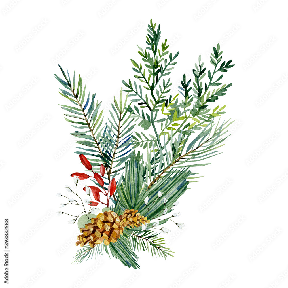 Fototapeta premium Watercolor Christmas bouquet with fir branches, leaves, pine cone. Winter greenery banner for christmas card, greeting card, bridal card, wedding invintation, baby shower.
