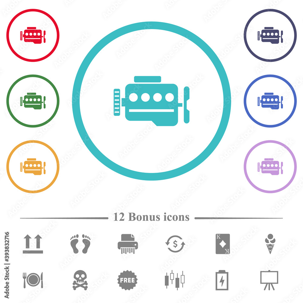 Engine symbol flat color icons in circle shape outlines Engine symbol flat color icons in circle shape outlines