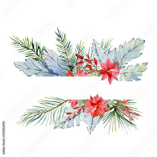 Watercolor Christmas greenery frame with branches, fir tree, poinsettia. Bohemian winter banner witn navy blue botanical floral for wedding invitations, greeting cards, baby shower card