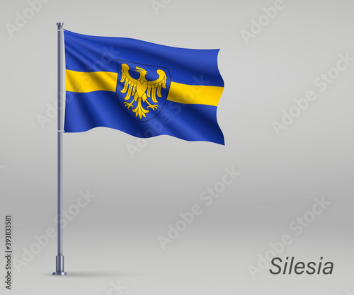 Waving flag of Silesia Voivodeship - province of Poland on flagpole. Template for independence day poster design