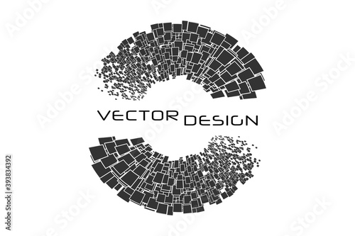 Banners for movement, rotation, and explosion. Square and circular forms of destruction with particles and debris. Vector illustration, Background.