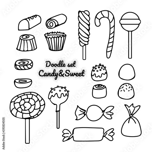 Set of black Doodle candies: caramel, chocolate candies, dragees, caramel on a stick, candy wrappers . Vector illustration in sketch style