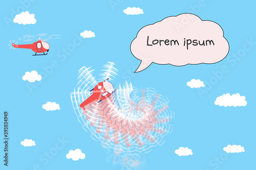 Helicopter flying in the clouds turn, stuntman, spiral. Space for text, speech bubble. Vector illustration.