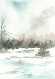 Watercolor winter landscape of winter field and forest