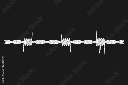 Barbed wire. Horizontal silhouette, white, grunge. Sharp, protection, fencing. Vector illustration of a dark background.