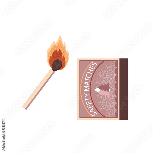 Burning match with fire and matchbox