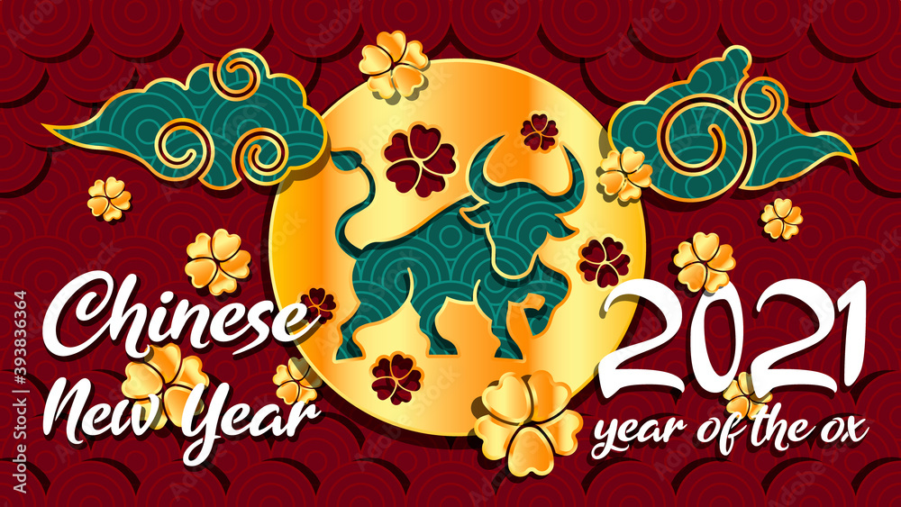 Chinese new year 2021 year of the ox background, red and gold ox character, clouds, flower and asian elements on background Chinese new year 2021 year of the ox background, red and gold ox character, clouds, flower and asian elements on background