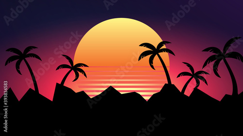 80s style retro background with sun and silhouettes of palm trees . retro wave wallpaper .
