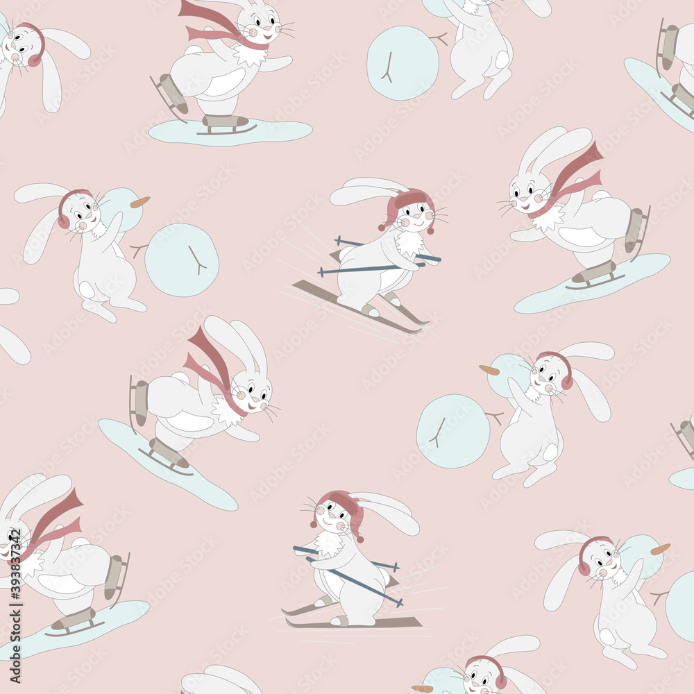 Seamless pattern with cute white rabbit with winter sports. Cartoon character on a New Year background. Vector illustration.