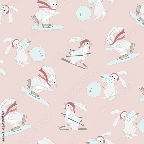 Seamless pattern with cute white rabbit with winter sports. Cartoon character on a New Year background. Vector illustration.