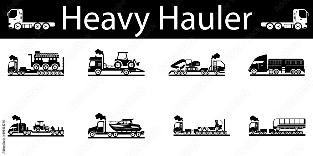 Special transport, Oversize Load Vehicle Icons Set, Heavy Hauler Vector Design, Trucks with trailers symbol, Overweight and oversize Transport Carrier Sign, Project Cargo and Logistics