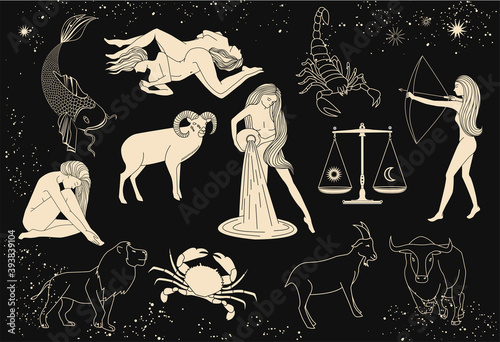 Zodiac signs collection. Mystical, esoteric symbols of astrology. Gold illustrations of women, animals. Mysterious images in the starry sky.