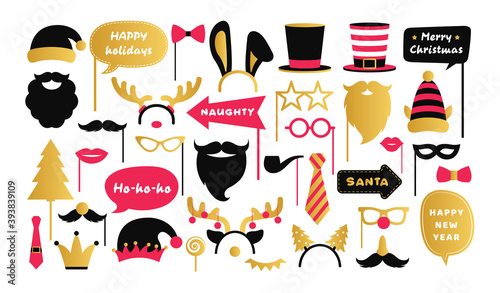 Vector Christmas photo booth props. Vintage photobooth vector set for Christmas and New year party, masquerade, scrapbooking. Event accessories with caps,mustache, speech bubbles, deer, masks, elf