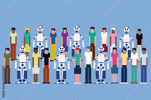 Conceptual illustration of People and robots are standing together