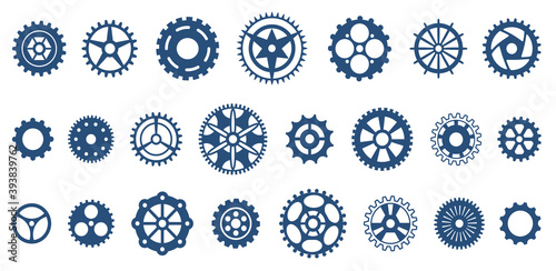 Vector set of gears with linear minimal ornaments..Isolated dark shapes on white background. Сlock mechanism for decoration, round flat shapes, blue circles