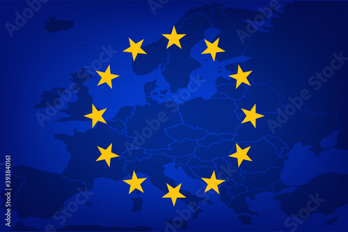 European Union flag, EU flag over the map of Europe, vector illustration