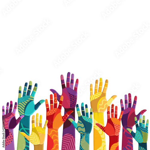 Colorful up hands. Volunteers. Vector illustration, an association, unity, partners, company, friendship, friends party background. Vector illustration photo