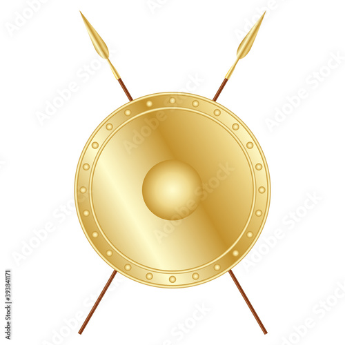 Golden shield and crossed spears, vector illustration
